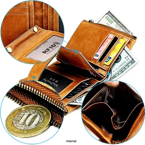Macro details of brown crazy horse leather wallet showing RFID slots and coin pocket