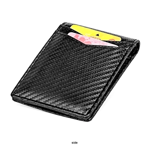 Side view of slim carbon fiber RFID wallet with multiple slots for cards and money