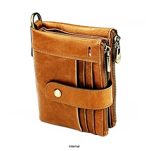 Detail view of brown vintage leather wallet with double zippers and metal ring