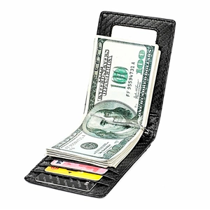 Detail of black carbon fiber RFID wallet featuring a metal money clip for cash and card slots