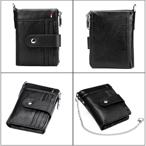 Black crazy horse leather RFID wallet with multi-card slots and anti-theft chain