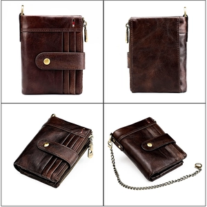 Detail view of retro crazy horse leather wallet with RFID blocking and anti-theft chain
