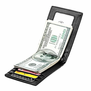 Detail of black leather wallet showing metal money clip with cash and multiple card slots