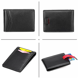 Detail of slim black leather RFID wallet showing card slots and red pull tab function