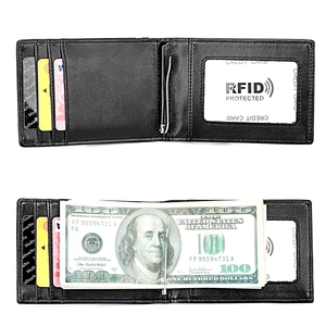 Detail view of RFID blocking leather wallet with silver money clip and card slots
