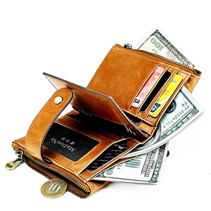 Detail view of large capacity vintage brown leather wallet with multiple card slots and bill fold