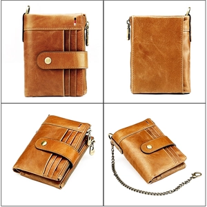 Detail view of crazy horse leather wallet with RFID chain and metal zipper compartments