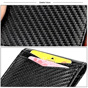Detail view of carbon fiber texture and multi-slot design on a black RFID blocking card holder