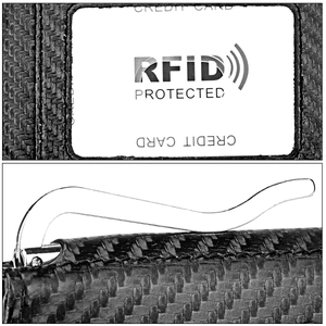 Macro detail of carbon fiber texture and RFID protection slots on metal money clip wallet