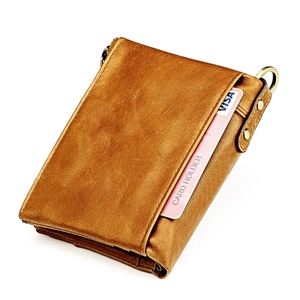 Detail of crazy horse leather wallet with RFID card slot and vintage bronze zipper