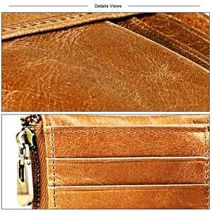 Close-up of vintage brown leather wallet showing detailed stitching and RFID card slots