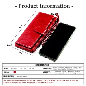 Detailed internal structure diagram of red genuine leather long wallet with 12 card slots