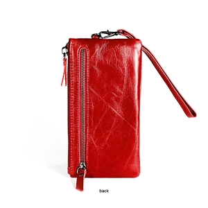 Red genuine leather long wallet back view with oil-wax texture and wrist strap