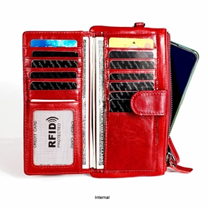 Internal view of red leather wallet showing RFID protection card slots and phone pocket