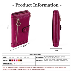 Detail view of genuine leather wallet showing 13 card slots and multiple zip pockets