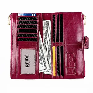 Detail of vintage oil wax leather wallet with multiple card slots and RFID protection