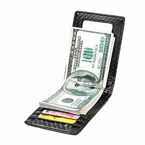Black carbon fiber RFID blocking wallet for men with a silver money clip and card slots