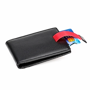 Black RFID blocking slim leather wallet with functional red quick-pull strap for cards
