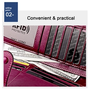 Detail of burgundy leather wallet showing multiple card slots and RFID protection