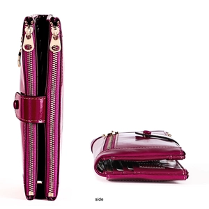 Side view of multi-layer purple leather wallet with dual zippers and card slots