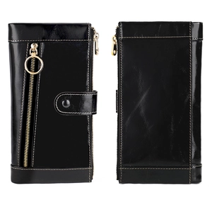 Front and back view of black oil wax leather wallet with gold ring zipper and white stitching