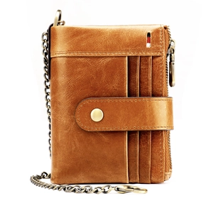 Genuine Leather Men's RFID Blocking Wallet Vintage Cowhide Short Purse With Anti-theft Chain Multi Card Slots Zipper Pocket