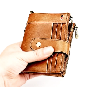 Men's vintage brown leather RFID blocking wallet with zipper coin pocket and card slots