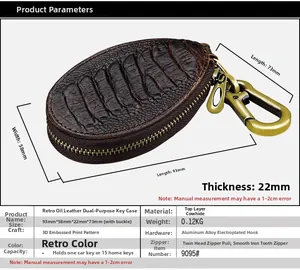 Detailed view of genuine cowhide car key case with 3D embossed texture and dimensions