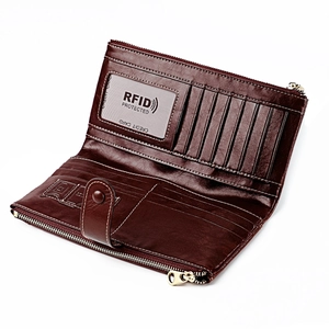 Deep brown leather RFID long wallet with multi-card slots and a large zipper pocket