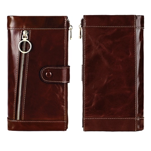 Front and back view of retro oil wax leather wallet with gold ring zipper and stitching