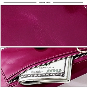 Macro shot of purple pebbled leather wallet showing smooth zipper and texture