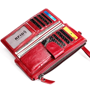 Red genuine leather long wallet with RFID protection and multiple card slots