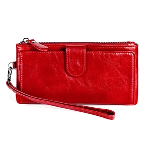 Elegant red leather long wallet with wrist strap and metal zipper closure for women