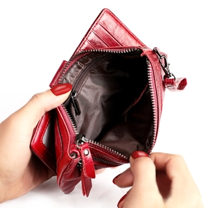 Red genuine leather long wallet for women with multi-functional interior compartments