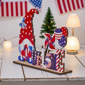 Patriotic July 4th gnome wooden welcome sign with American flag stars and stripes theme