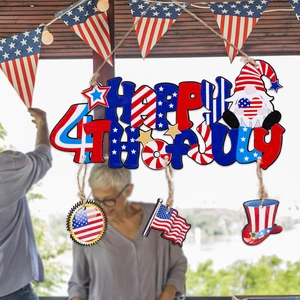 Independence Day wooden door hanger featuring patriotic gnome and stars and stripes design