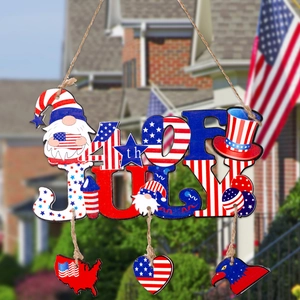 4th of July wooden door hanging sign featuring gnomes and patriotic eagle decoration