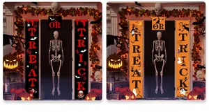 Close-up of Halloween porch banners featuring Treat or Trick text and festive skull designs