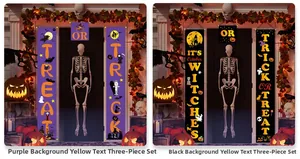 Detail of Halloween door banners featuring trick or treat slogans and spooky illustrations
