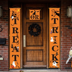 Three-piece Halloween Trick or Treat porch banners with orange pumpkin and ghost designs