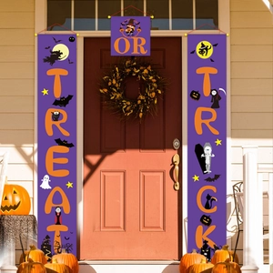 Halloween Trick or Treat porch banners with purple design and festive cartoon characters