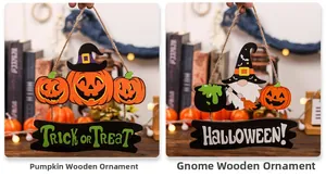 Détail de plaques en bois d'Halloween avec gnome et citrouille avec texte Trick or Treat