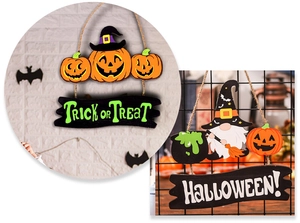 Détails de suspensions d'Halloween en bois avec citrouilles et gnomes pour décoration