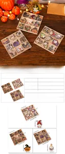 Detail of Halloween wooden ornaments set in a box with UV printed plywood patterns