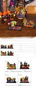 Detaillierte Maße und hölzerne Halloween-Tischdeko mit Kürbis- und Hexenmotiven