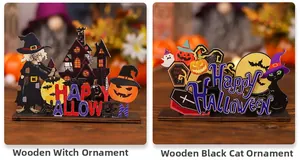 Detail von Halloween Tischdeko aus Holz mit Hexe und schwarzer Katze sowie Happy Halloween