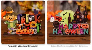 Details von lasergeschnittenen Halloween-Holzschildern mit Happy Halloween und Süßem oder Saurem