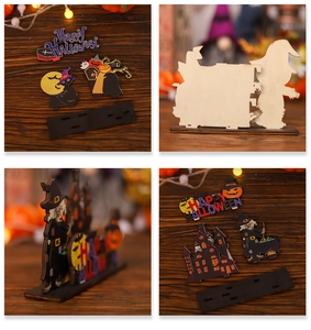 Detail der DIY Halloween Holzdeko mit Kürbis und Hexe Motiven auf einem schwarzen Sockel