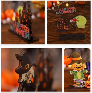 Details von Halloween-Tischdeko aus Holz mit Kürbis- und Hexenmotiven für Zuhause