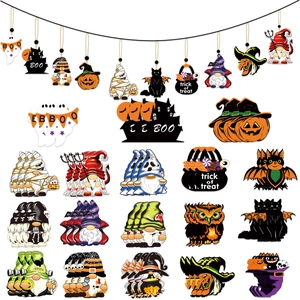 Set of assorted Halloween wooden hanging decorations featuring pumpkin and witch designs